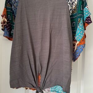Chic Gray Blouse with Colorful Patterned Sleeves